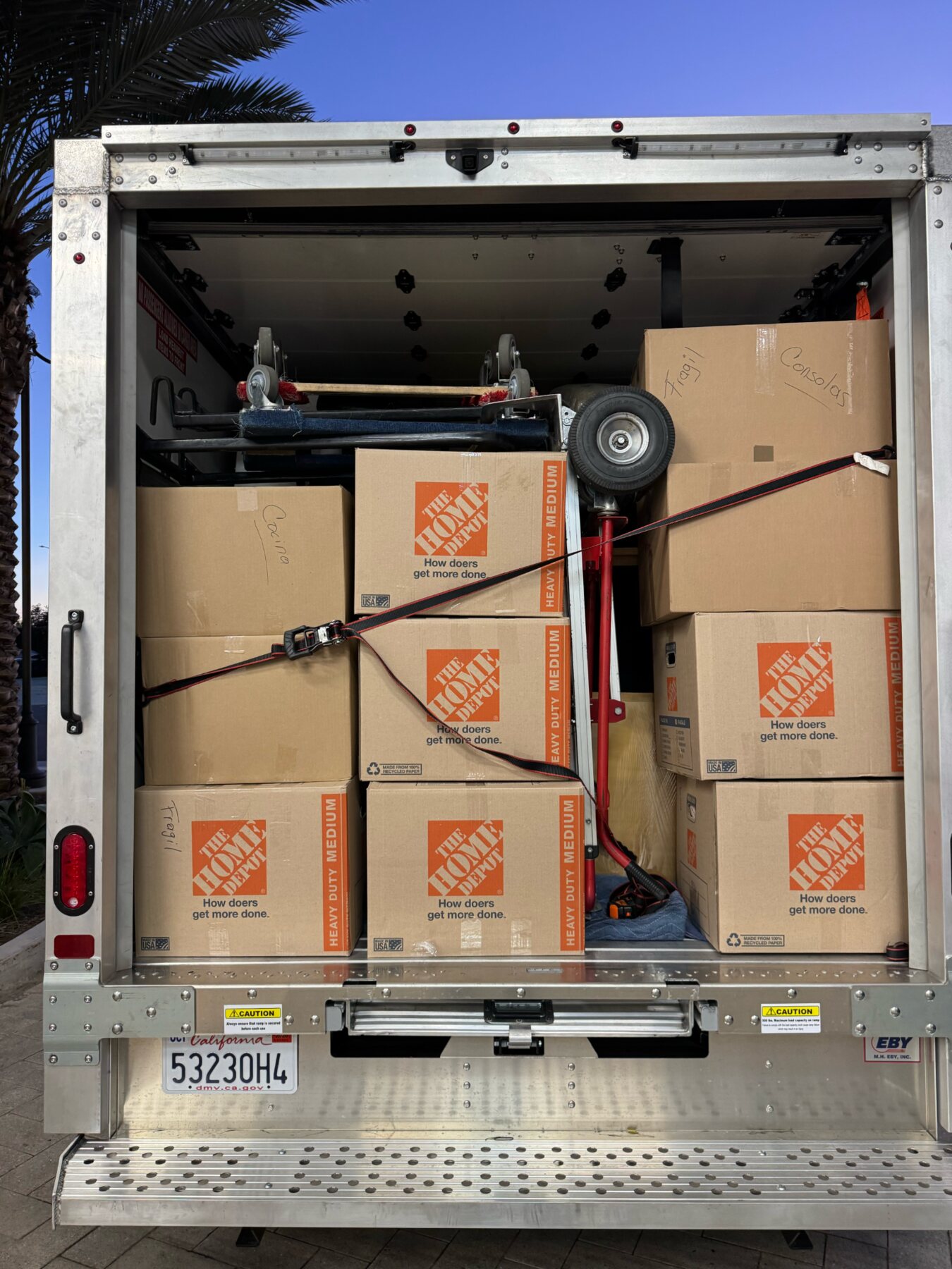 Boxes secured inside a moving truck